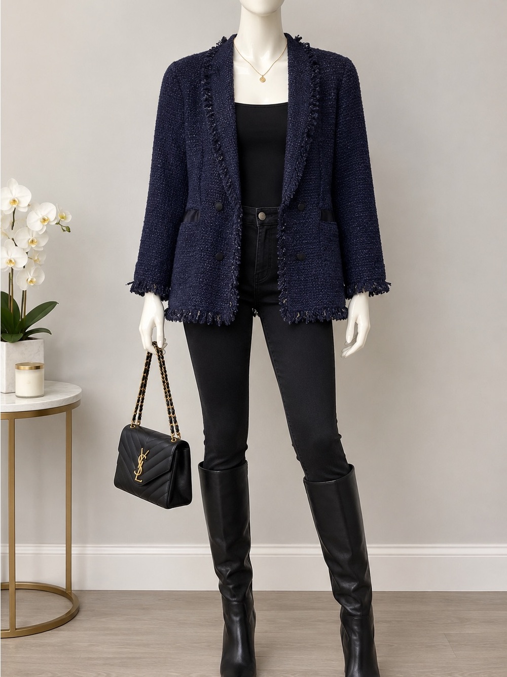 Laurel Frayed Bouclé Blazer in Navy